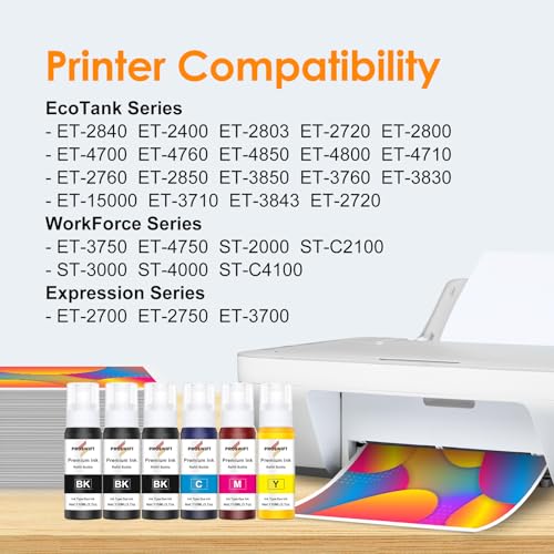 PROSWIFT Replacement for Epson 522 High Capacity Ink Refill Bottles Use for EcoTank ET-2800 ET-2803 ET-2400 ET-4800 ET-2720 ET-2840 ET-3950 ET-3850 ET-2850 ET-4700 ET-4800 ET-15000 Printer 6 Bottles - Image 3