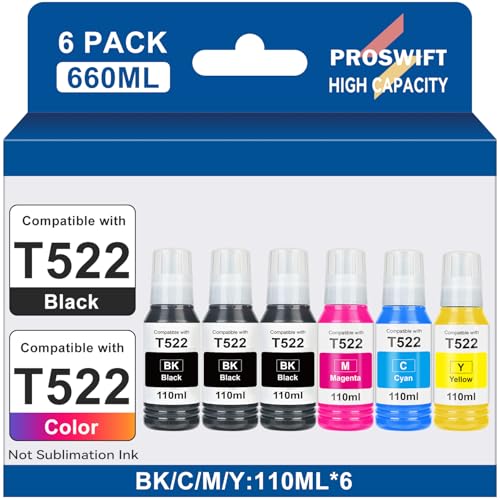 PROSWIFT Replacement for Epson 522 High Capacity Ink Refill Bottles Use for EcoTank ET-2800 ET-2803 ET-2400 ET-4800 ET-2720 ET-2840 ET-3950 ET-3850 ET-2850 ET-4700 ET-4800 ET-15000 Printer 6 Bottles - Image 1