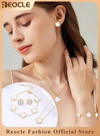 طقم مجوهرات نسائي مكون من قلادة وأقراط وسوار على شكل ورقة برسيم رباعية مطلية بالذهب عيار 18 قيراطًا طقم مجوهرات محظوظ مزدوج الوجه كهدية للنساء والسيدات