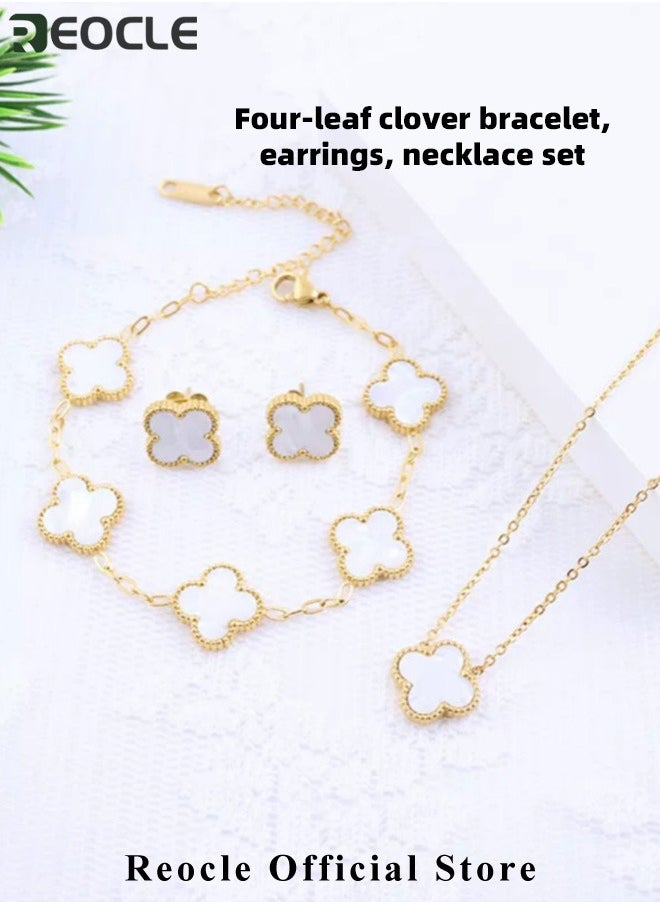 REOCLE Women's 3pcs Jewelry Set Four Leaf Clover Necklace Earring Bracelet Set 18K Gold Plated Double-sided Lucky Jewelry Set as Gift for Women & Ladies  - Image 2