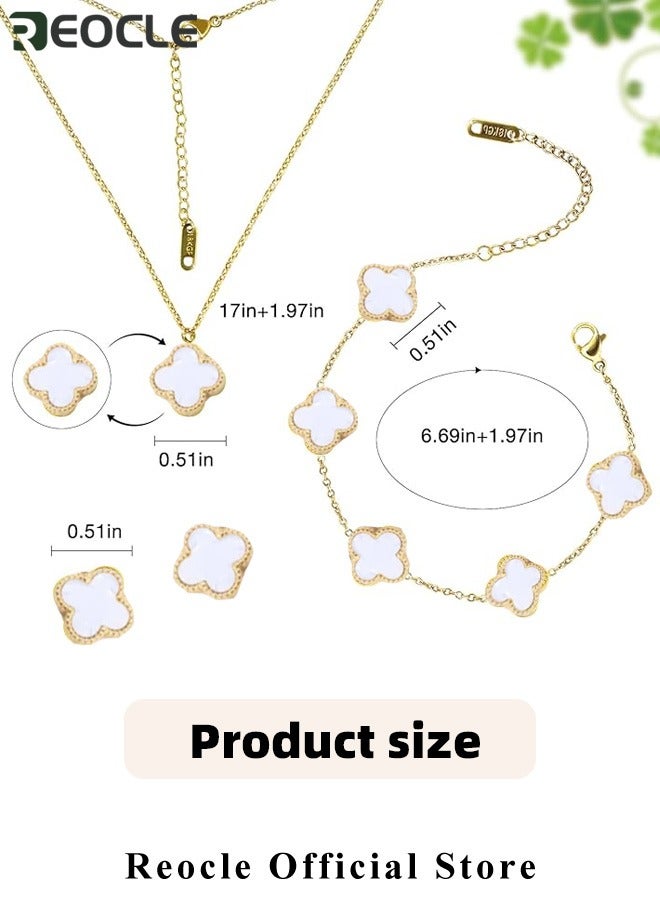 طقم مجوهرات نسائي مكون من قلادة وأقراط وسوار على شكل ورقة برسيم رباعية مطلية بالذهب عيار 18 قيراطًا طقم مجوهرات محظوظ مزدوج الوجه كهدية للنساء والسيدات