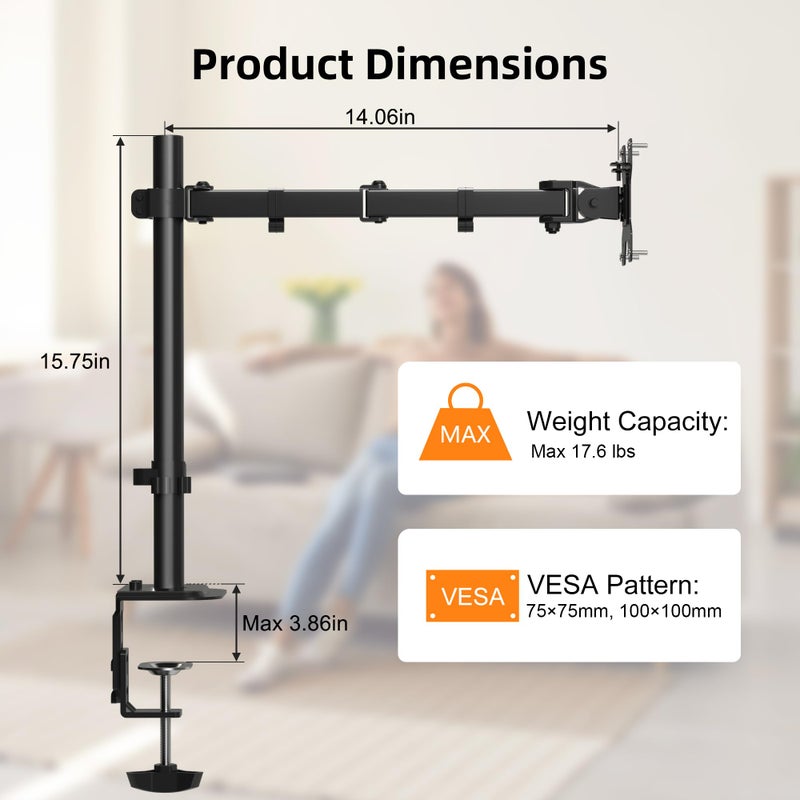 Pholiten Single Monitor Stand, Heavy Duty Adjustable Monitor Arm Desk Mount for 13-27Inch, Tilt, Swivel, Rotate, Support 22 lbs,Black - Image 3