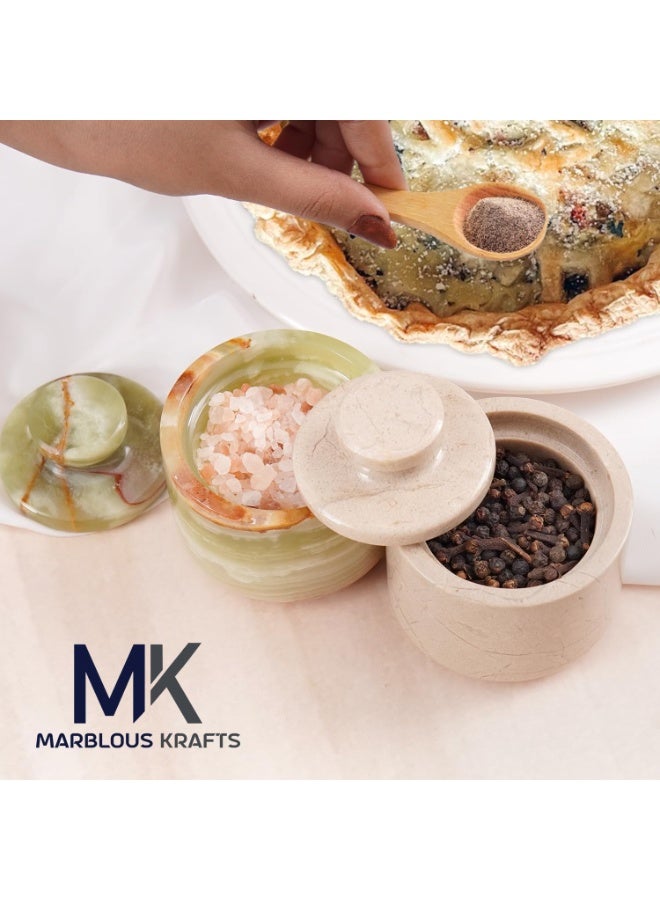 راديكالن قبو ملح من العقيق الأخضر ورخام فيرونا مع غطاء | برطمان سكر وملح وفلفل مصنوع يدويًا للمطبخ، مقاس ٣ بوصات - Image 2