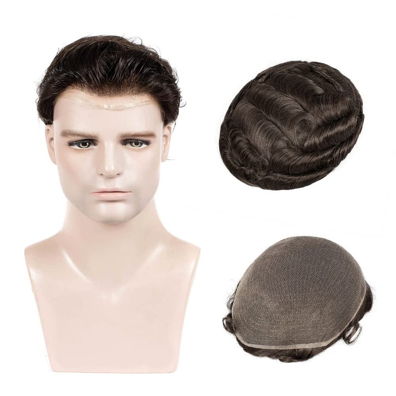 Amiable Mens Full Lace Toupee Hairpiece European Human Hair Replacement Systems for Men with Soft Full Bleached Knot Medium Density Dark Brown  7  9 Inch 2