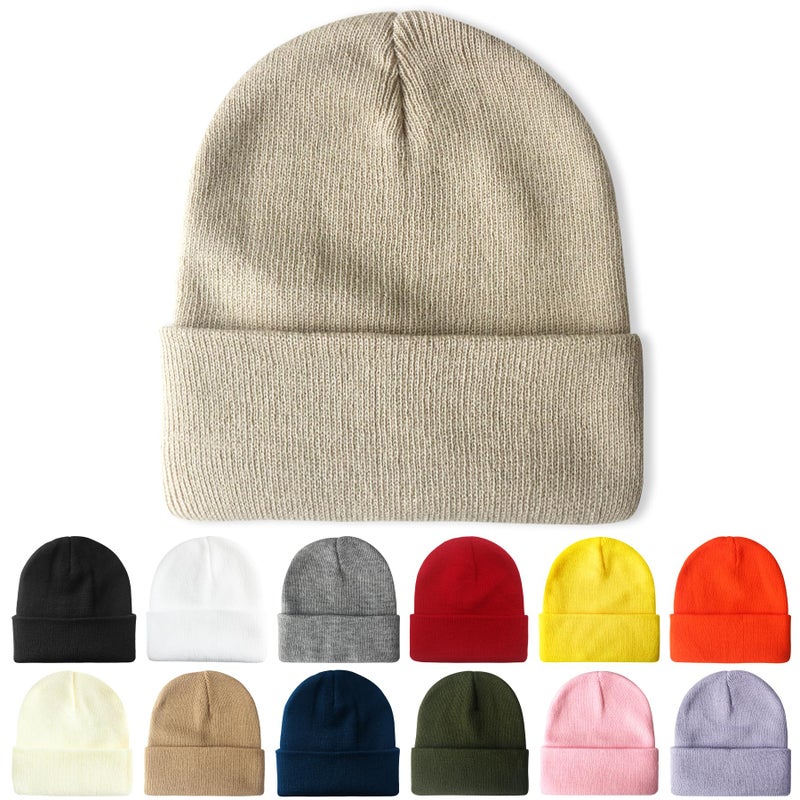 PFFY Beanie for Men Women Unisex Knit Cuffed Plain Winter Beanies Hats Skull Cap DarkBeige - Image 1