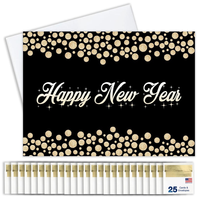 New Years Cards for Business Family Golden Bubbles Greeting Card Set Pack of 25 Happy New Year Cards with Envelopes for 2025 5x7 inch A7 Great for Office Work Employees Clients N1604