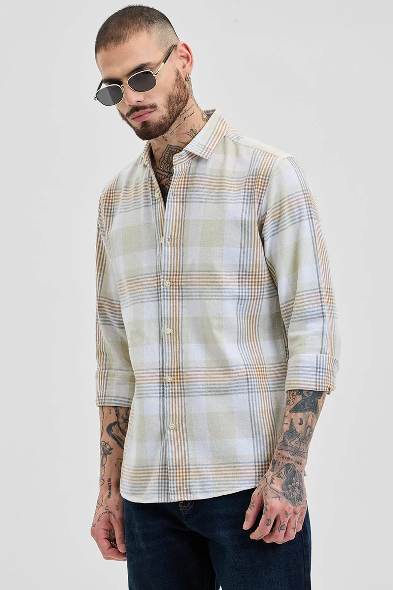 SNITCH Beige Checkered Long Sleeve Slim Fit Shirt