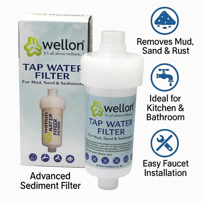 WELLON فلتر مياه الصنبور | فلتر رواسب متقدم للمطبخ والحمام | يزيل الطين والرمل والصدأ والشوائب | تركيب سهل على الصنبور - Image 1