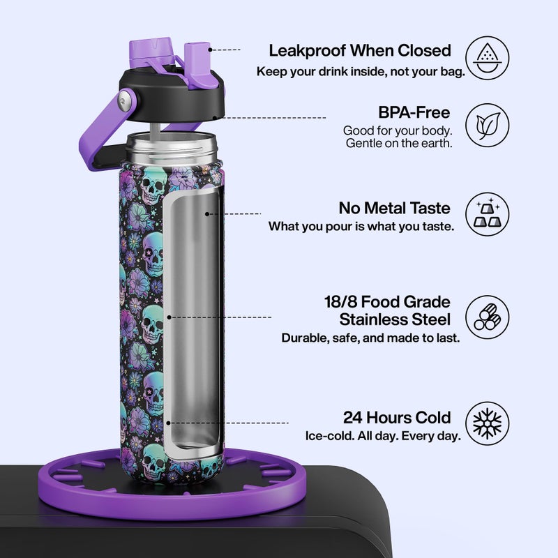 ENCOOL Insulated Water Bottle with Straw Stainless Steel Water Bottle, Leak-Proof, BPA-Free, Double Wall Vacuum Keeps Cold for 24 Hours for Sports, Travel, School (26 oz, Floral Afterlife) - Image 2