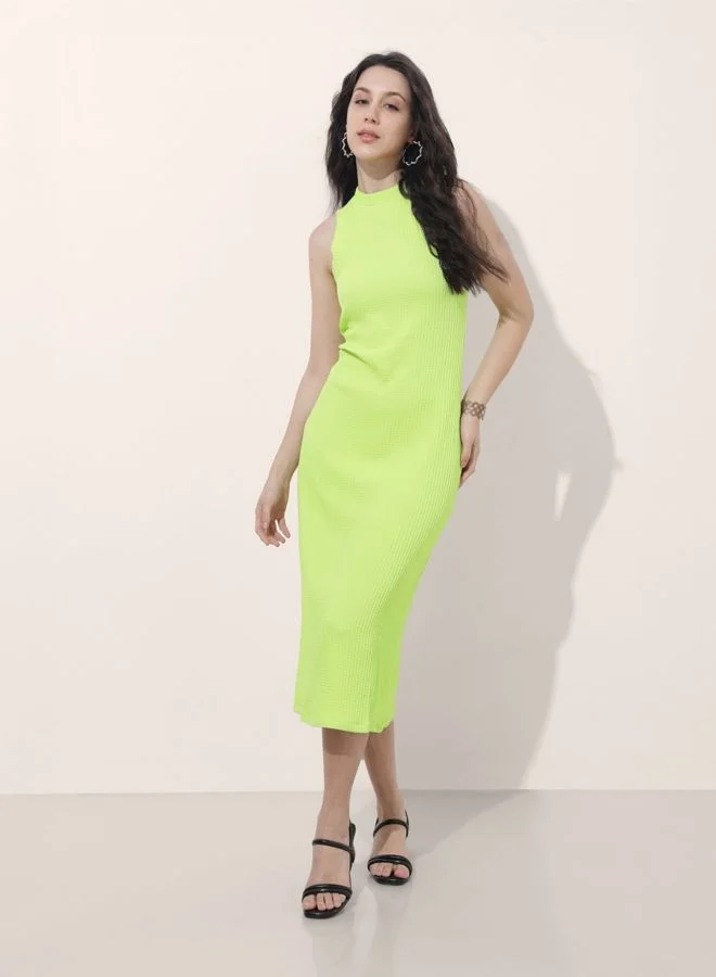 Women Regular Fit Textured Round Neck Sleeveless Midi Dress