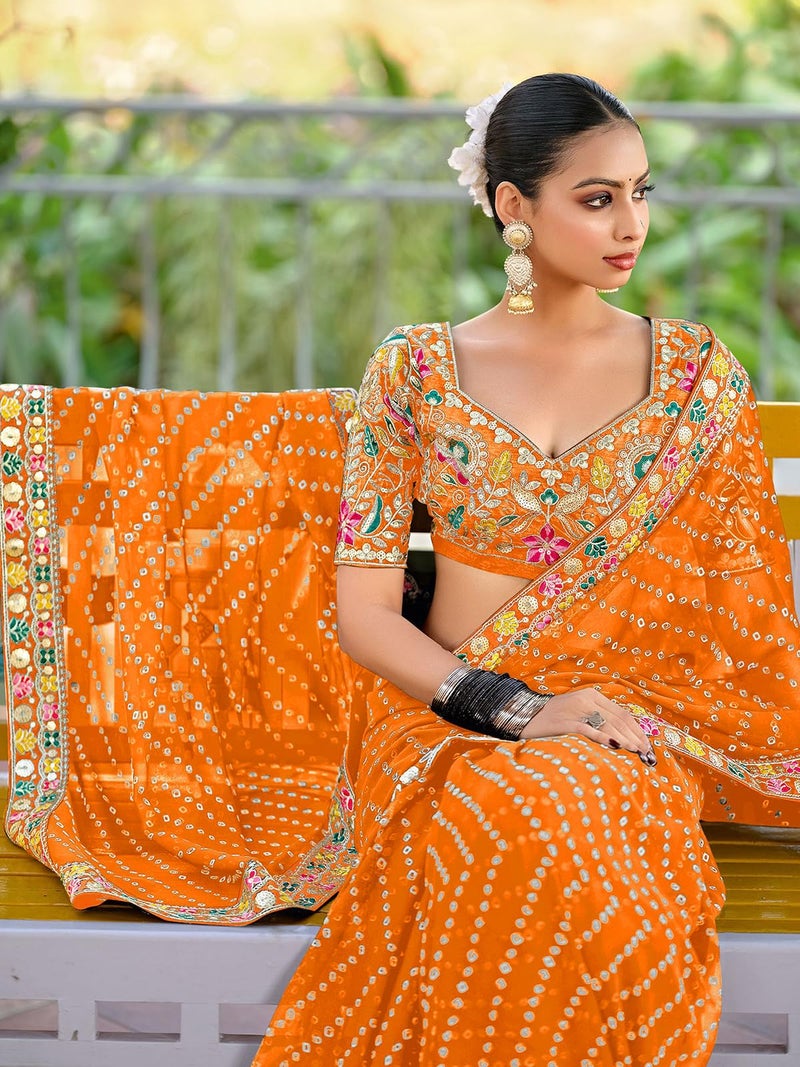 Satrani Women's Georgette Bandhani Printed Saree with Unstitched Blouse Piece (4316S959N_Orange3) - Image 2