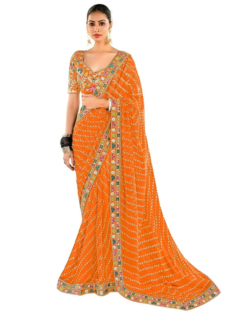 Satrani Women's Georgette Bandhani Printed Saree with Unstitched Blouse Piece (4316S959N_Orange3) - Image 1