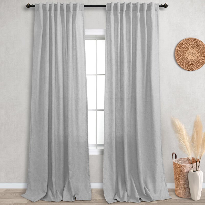 Koufall Floor To Ceiling Curtains 8 Ft 8 Ft Sheer Linen Gray Curtains For Living Room Bedroom 96 Inch Long 2 Panel Sets Light Grey - Image 1