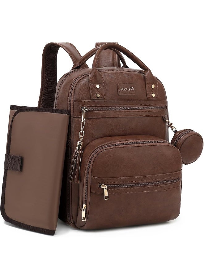 Vegan Leather Diaper Bag Backpack with Changing Pad and Pacifier Holder - Image 1