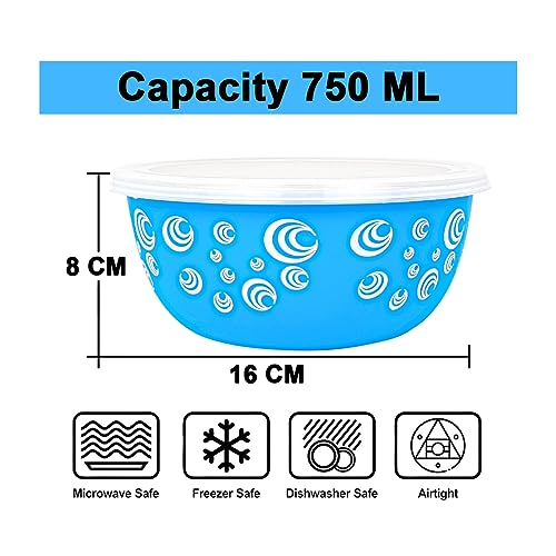 Zaib Stainless Steel Microwave Safe Bowl with lid | Food Storage Container for Kitchen Capacity 750 ML (2 Pcs - Blue Spiral) - Image 2