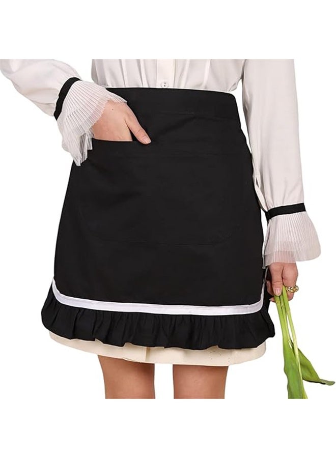 HY Waist Apron Half Apron for Women Cotton Black Pleated Lace Japanese Waist Waitress/Server Maid Apron, 2 Pockets Kitchen Cooking Restaurant Apron - Image 1