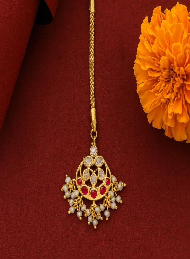 Estele Maang Tikka for Women Gold Plated CZ Traditional Kundan Studded Maang Tikka with White Pearls for Girls and Women-AD-MT-009-IG TIKAA - Image 2