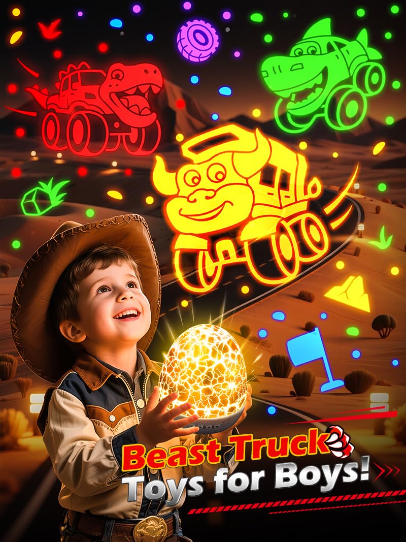 PIKOY Beast Truck Toys 【15 Sounds & 6 Films】 Dinosaur Toy Trucks for Boys Age 3-7 [31 Colors & Remote Control] Dinosaur Toys for Kids 3-5 Egg Light for Nursery Egg Night Light for Kids Boy Toys for Boys - Image 2