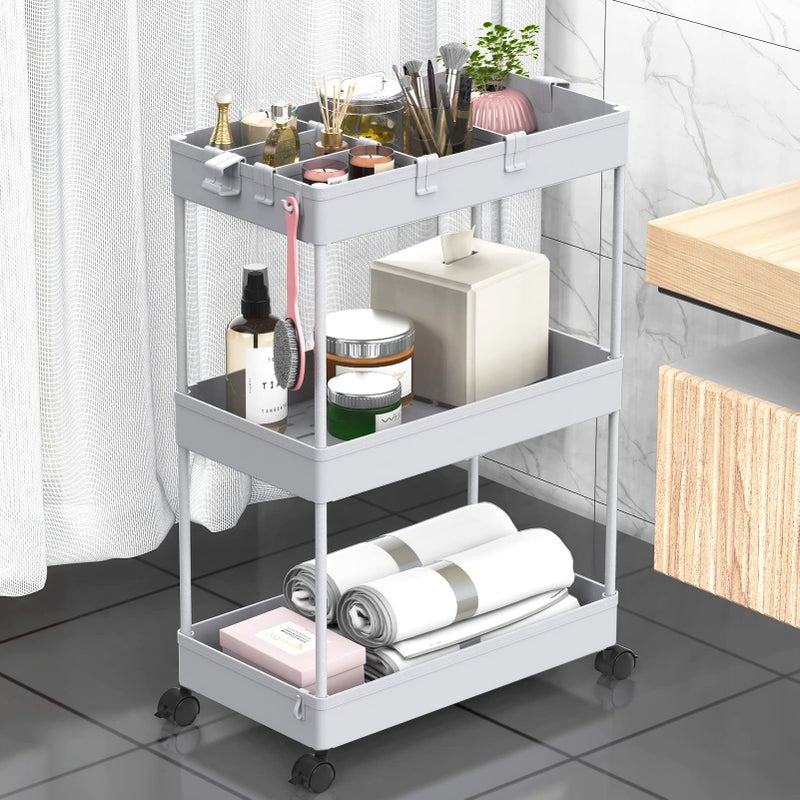 SPACELEAD 3 Tier Rolling Cart with Wheels Storage Craft Art Trolley Organizer Serving 3 Hanging Baskets Easy Assembly for Office Living Room Kitchen Gray