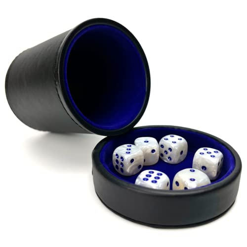 Luck Lab Black Leather Dice Cup with Lid Including 6 Matching Pearl Dice Blue Velvet Interior for Quiet Shaking Use for Liars Dice Farkle Yahtzee Board Games Black - Image 1