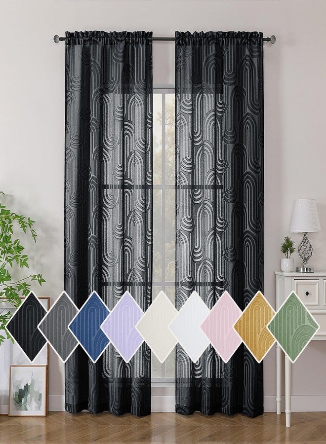 Simplebrand Black Semi Sheer Curtains 84 Inches Long 2 Panels, Soft Airy Light Filtering Jacquard Clip Textured Semi Sheer Curtains for Living Room, Modern Elegant Rod Pocket Window Panels, 42"Wx84"L - Image 1