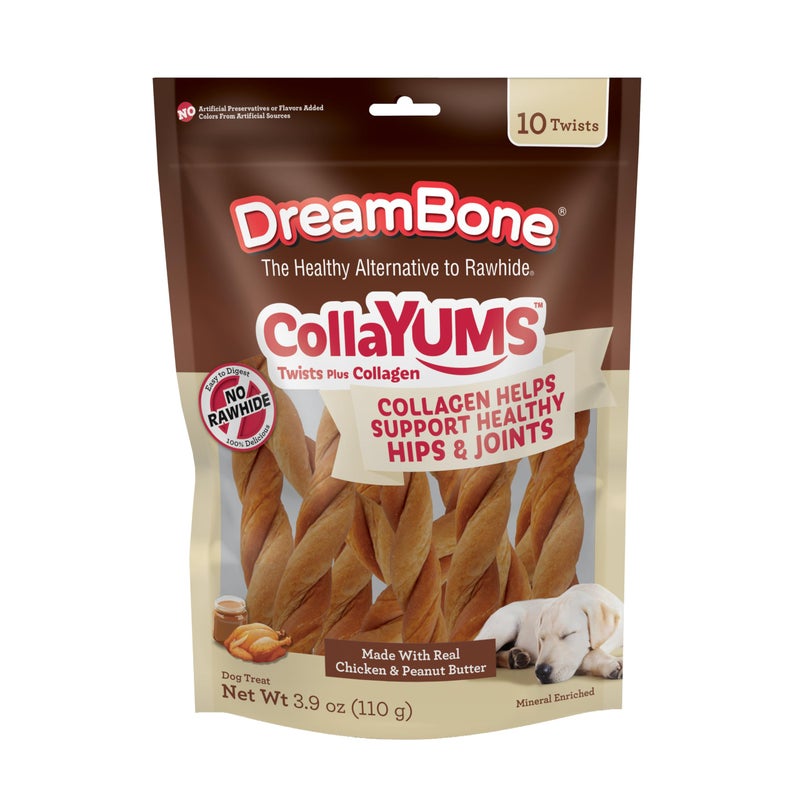 DreamBone CollaYUMS Twists Plus Collagen Chews for Dogs, 10 Count, Treat Your Dog to Rawhide-Free Chews Made with Chicken, Vegetables and Peanut Butter - Image 1