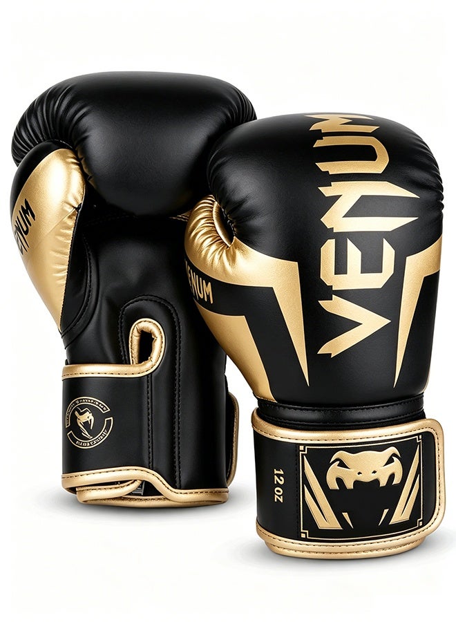 VENUM 12OZ Boxing Gloves PU Leather, Muay Thai Kickboxing MMA Sparring Training, Advanced TAKKA Closure, Padding, Punch Bags Speed Ball Focus Pads Workout(Black Gold) - Image 1