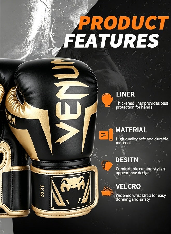 VENUM 12OZ Boxing Gloves PU Leather, Muay Thai Kickboxing MMA Sparring Training, Advanced TAKKA Closure, Padding, Punch Bags Speed Ball Focus Pads Workout(Black Gold) - Image 2