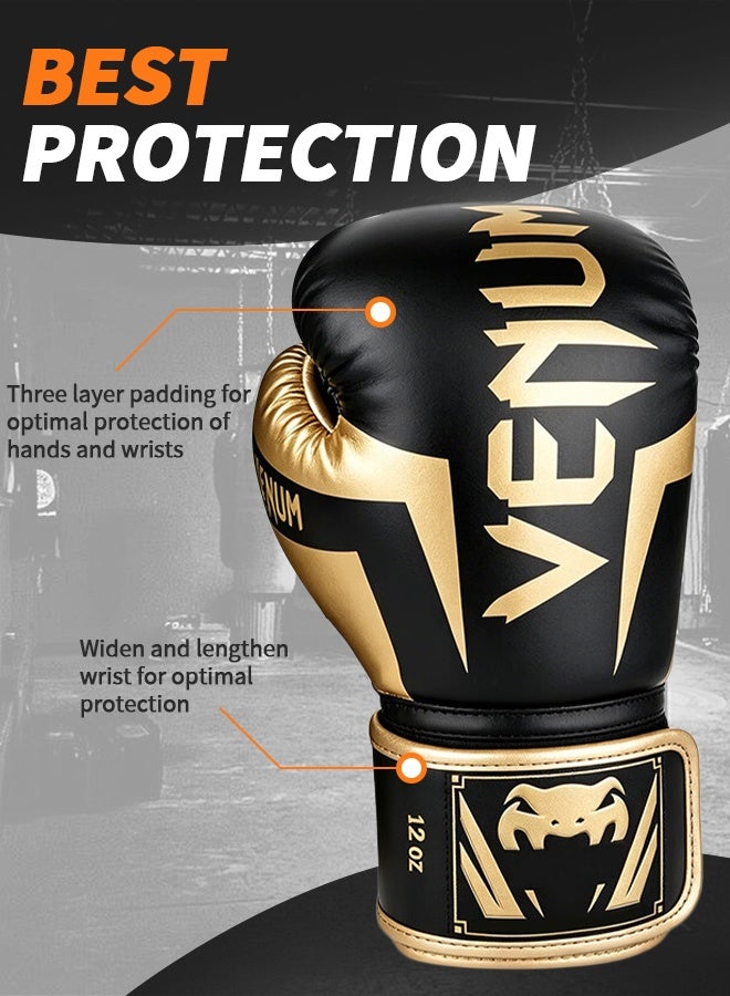 VENUM 12OZ Boxing Gloves PU Leather, Muay Thai Kickboxing MMA Sparring Training, Advanced TAKKA Closure, Padding, Punch Bags Speed Ball Focus Pads Workout(Black Gold) - Image 4