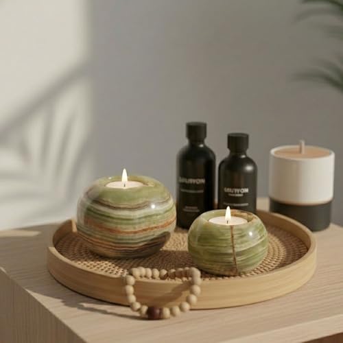 Radicaln Marble Tealight Candle Holder 4 Inch Green Onyx Handmade Set of 3 Mini Candle Holders for Dining Entryway Table Decorative Votive Candle Marble Taper Holder for Home Decor - Image 3