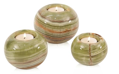 Radicaln Marble Tealight Candle Holder 4 Inch Green Onyx Handmade Set of 3 Mini Candle Holders for Dining Entryway Table Decorative Votive Candle Marble Taper Holder for Home Decor - Image 1