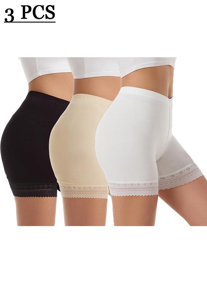 3 Pcs Womens Lace Basic Stretch Anti Chafing Cotton Shorts, Ladies Soft Boxer Shorts (Black, Beige, White) - Image 1