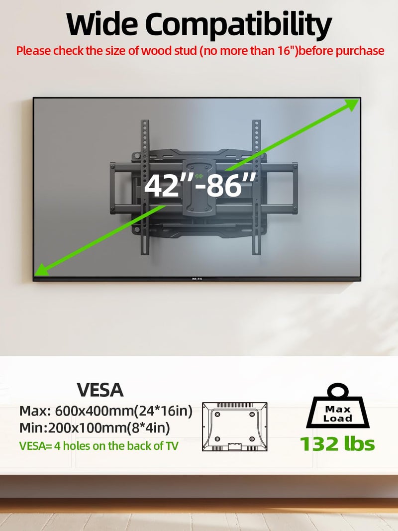 USX Mount Full Motion TV Wall Mount for 42-86 inch, TV Mount Swivel and Tilt,Wall Mount Bracket with Dual Articulating Arms Up to 132lbs, VESA 600x400mm, Max 16" Wood Studs, UL Listed XML019 - Image 3
