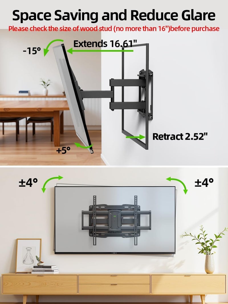 USX Mount Full Motion TV Wall Mount for 42-86 inch, TV Mount Swivel and Tilt,Wall Mount Bracket with Dual Articulating Arms Up to 132lbs, VESA 600x400mm, Max 16" Wood Studs, UL Listed XML019 - Image 5
