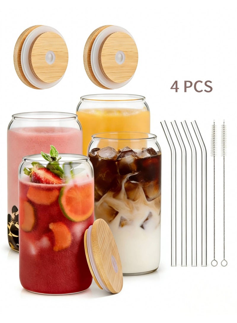AceLuste 4-Pack Glass Cup with Sealed Lid and Straw 16oz , Reusable Glass Drinking Cup Set with Bamboo Lid, Transparent Summer Drinking Cup for Iced Coffee, Juice, Tea, Water, Milk, Smoothie, Cocktail, with 2 Cleaning Brushes, Dishwasher Safe, Summer Essentials - Image 1