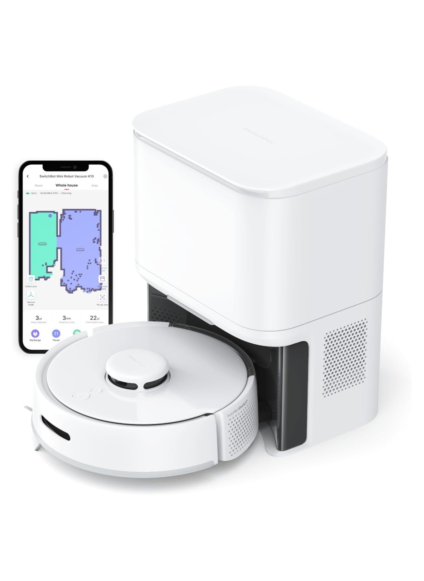 SwitchBot Mini Robot Vacuum K10+ مع قاعدة ذاتية التفريغ لمدة 70 يومًا من التنظيف، نظام ملاحة LiDAR، رسم خرائط ذكي، شفط 2500 باسكال، 48 ديسيبل فائق الهدوء، 150 دقيقة كحد أقصى، متوافق مع التحكم الصوتي، اتصال 2.4G WiFi 