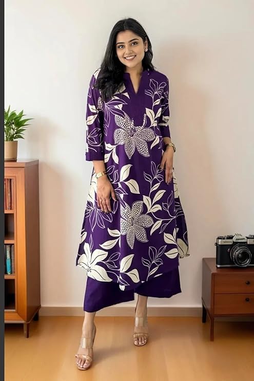 MEERA FAB Women's Pure Cotton Printed Ethnic Wear Straight Kurta Set with Palazzo Pants - Image 3