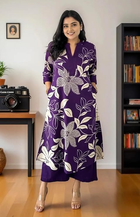 MEERA FAB Women's Pure Cotton Printed Ethnic Wear Straight Kurta Set with Palazzo Pants - Image 2