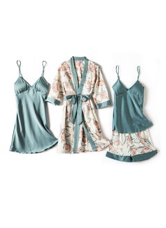 Spring and summer feminine ice silk pajamas four-piece set with suspenders and long sleeves