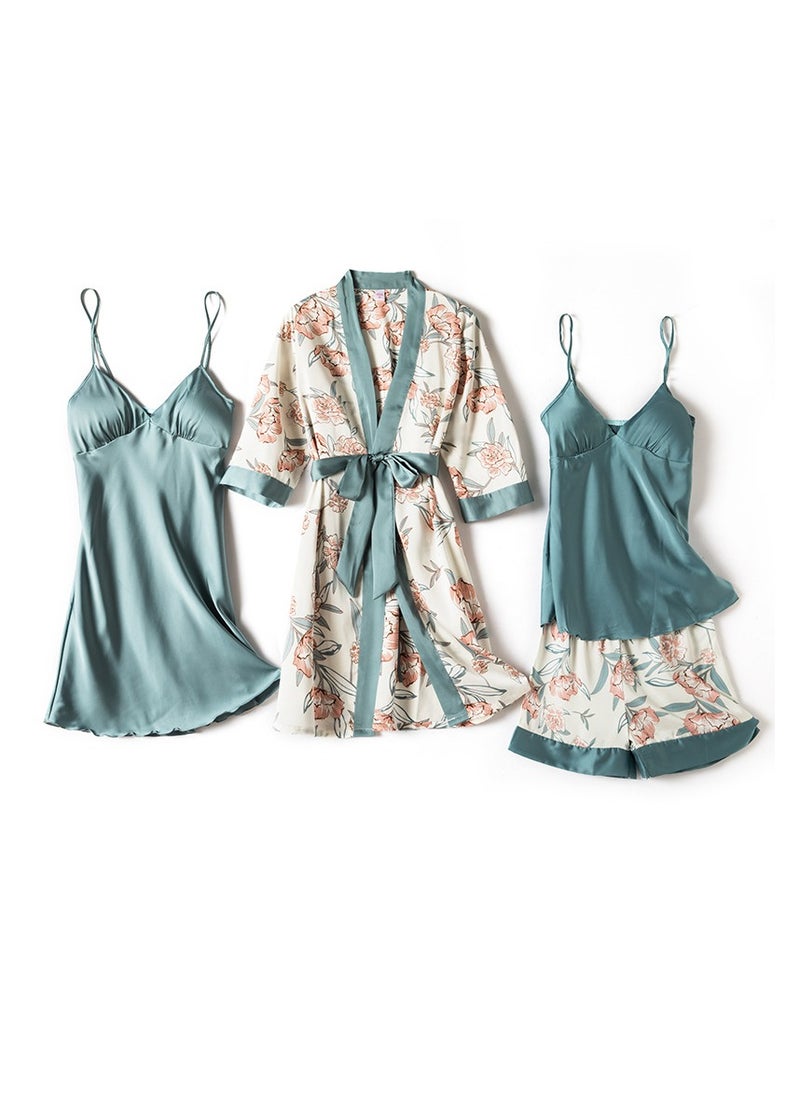 Generic - Spring and summer feminine ice silk pajamas four-piece set with suspenders and long sleeves - Image 1