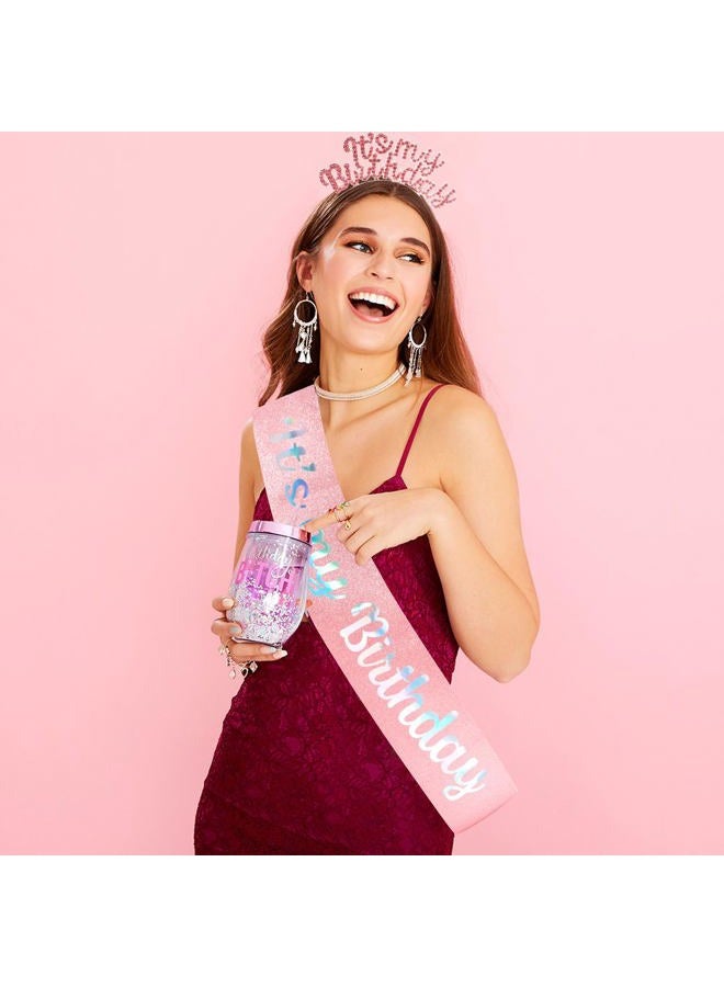 AOPRIE It's My Birthday Sash Headbands for Women Birthday Tiara & Crowns for Girls Rhinestone Happy Birthday Accessories Favor Supllies Silver Pink, 2 Pack - Image 3