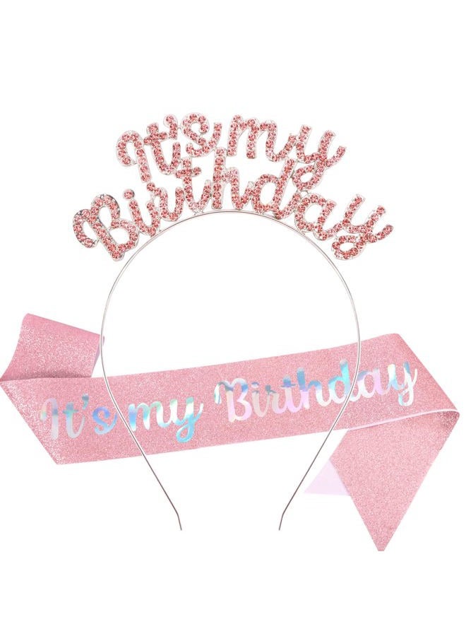 AOPRIE It's My Birthday Sash Headbands for Women Birthday Tiara & Crowns for Girls Rhinestone Happy Birthday Accessories Favor Supllies Silver Pink, 2 Pack - Image 1