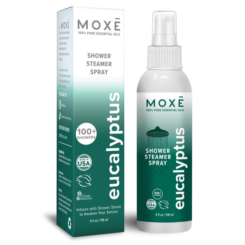 MOXE MOXÄ’ Eucalyptus Oil Shower Mist, Spa Steam Spray, Certified Natural 100% Essential Oils, Made in USA, Aromatherapy, Sinus Congestion Relief, Tension Relief, 4 Ounces - Image 1