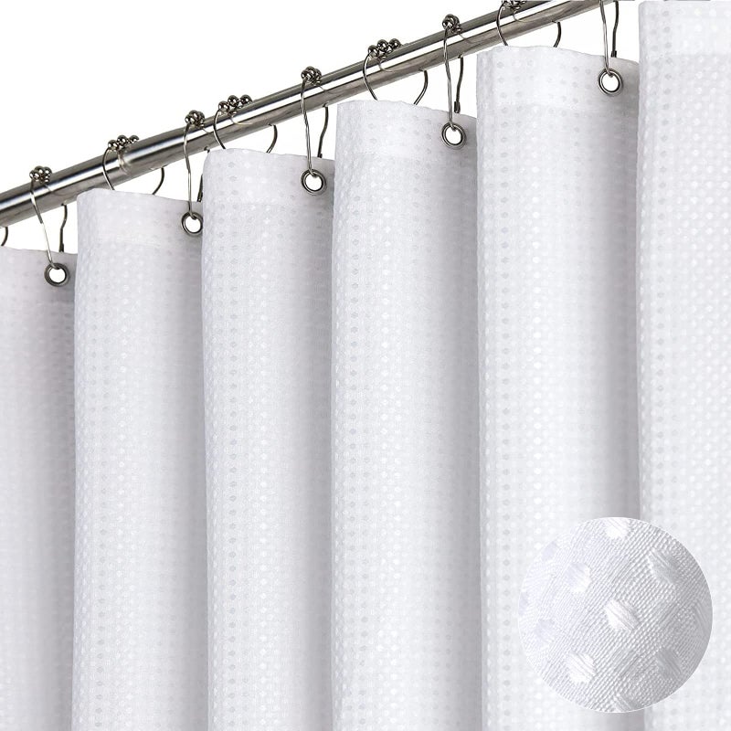 Dynamene Long White Fabric Shower Curtain Waffle Textured Tall Heavy Duty Cloth Shower Curtains for Bathroom 256GSM Large Hotel Spa Luxury Bath Curtain Set with 12 Plastic Hooks72Wx78H White