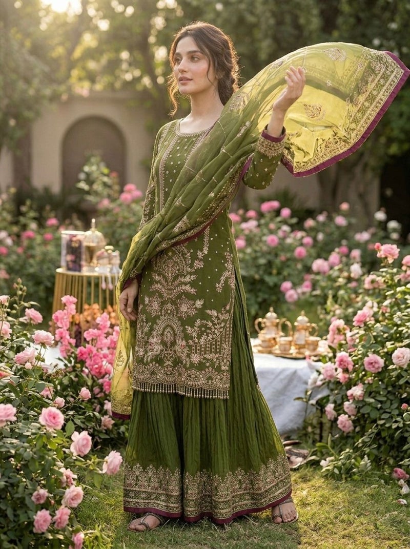 ANAITA Mehendi Faux Georgette Readymade Suit with Embroidery & Moti Work - Image 3