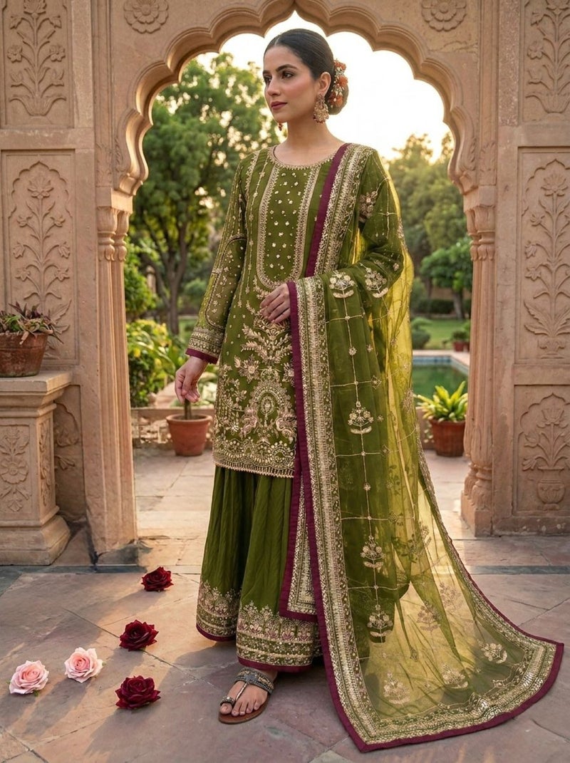 ANAITA Mehendi Faux Georgette Readymade Suit with Embroidery & Moti Work - Image 2