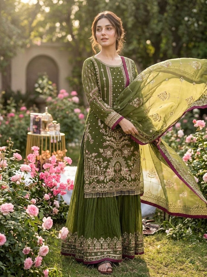 ANAITA Mehendi Faux Georgette Readymade Suit with Embroidery & Moti Work - Image 1