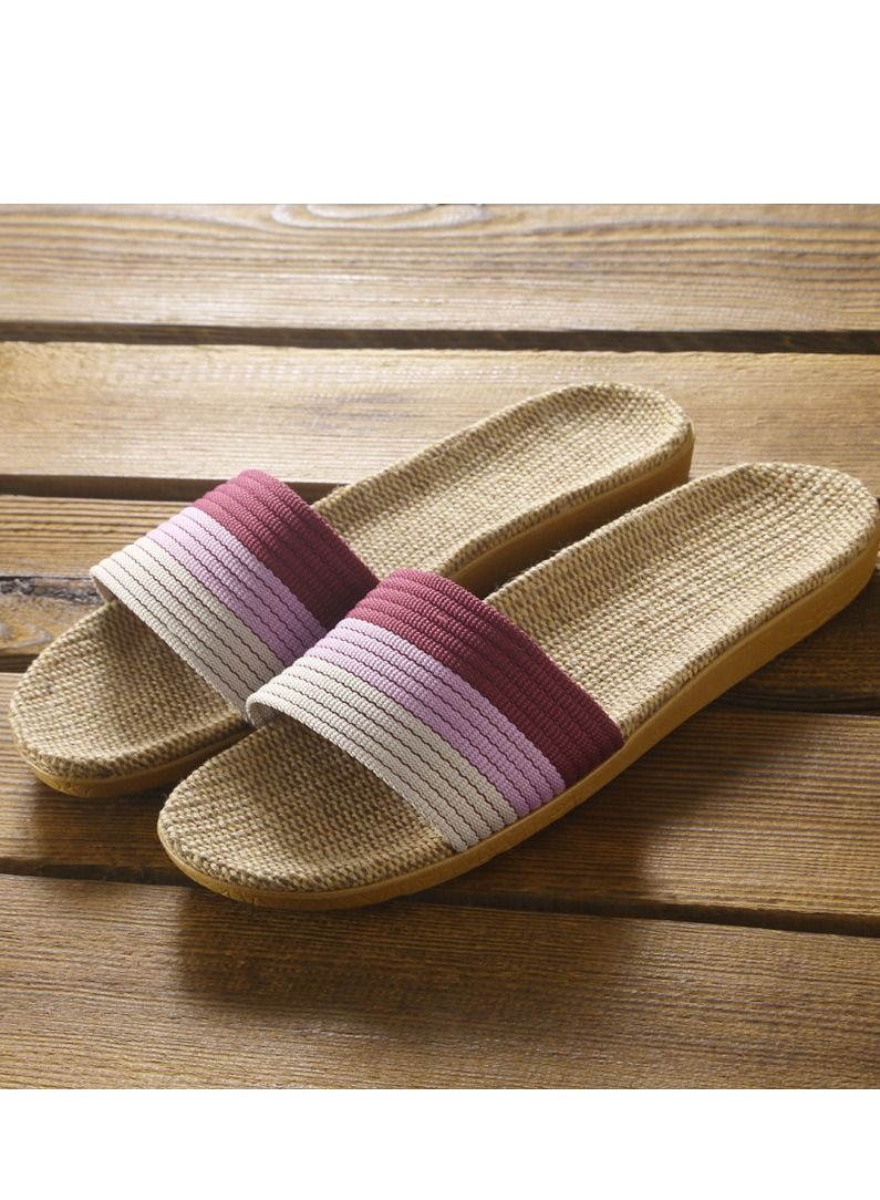 Loquat Flax Slippers Linen Slippers No Slip Indoor Slippers Open Toe Purple And White Stripes 