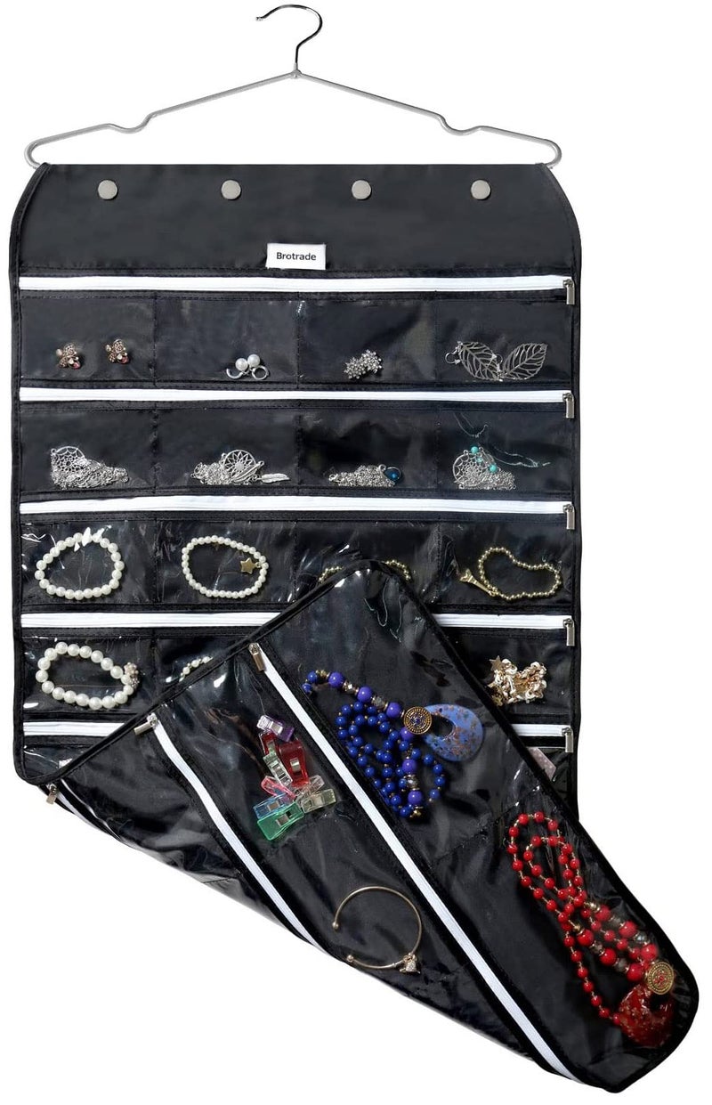BB Brotrade Hanging Jewelry Organizer,Accessories Organizer,56 Zipper Pocket Organizer for Holding Jewelries (Black-Zipper) - Image 1