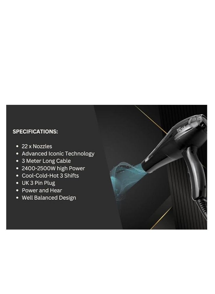 NF NEW FORCE Hair Dryer NF Pro 12000 | For Professional and Home Care Hair Drying | All Hair Types | 3 Heat Settings includes cool shot, 2 Nozzles - 60mm and 75mm| long-time use hair dryer Black - Image 3
